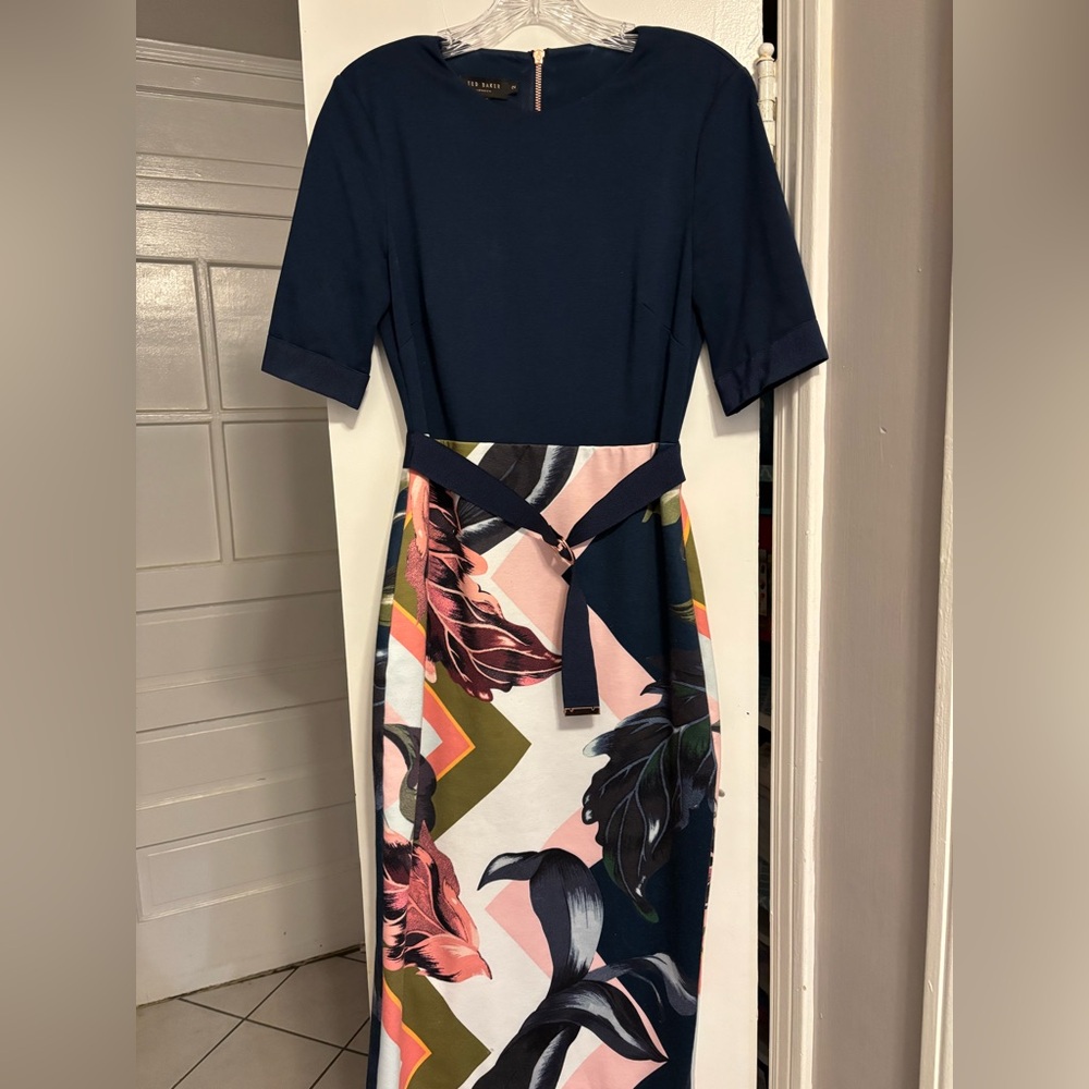 Ted Baker Black and Pink Sheath Midi Dress